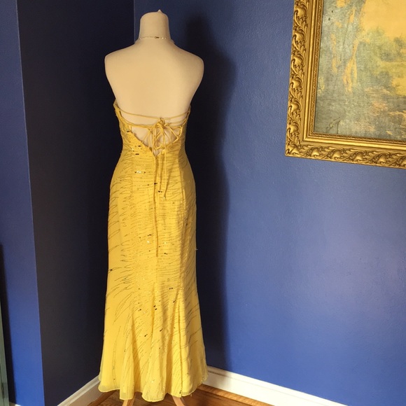 Vintage Y2K sparkly prom homecoming gown dress buttercup yellow beaded sequins - Picture 7 of 16